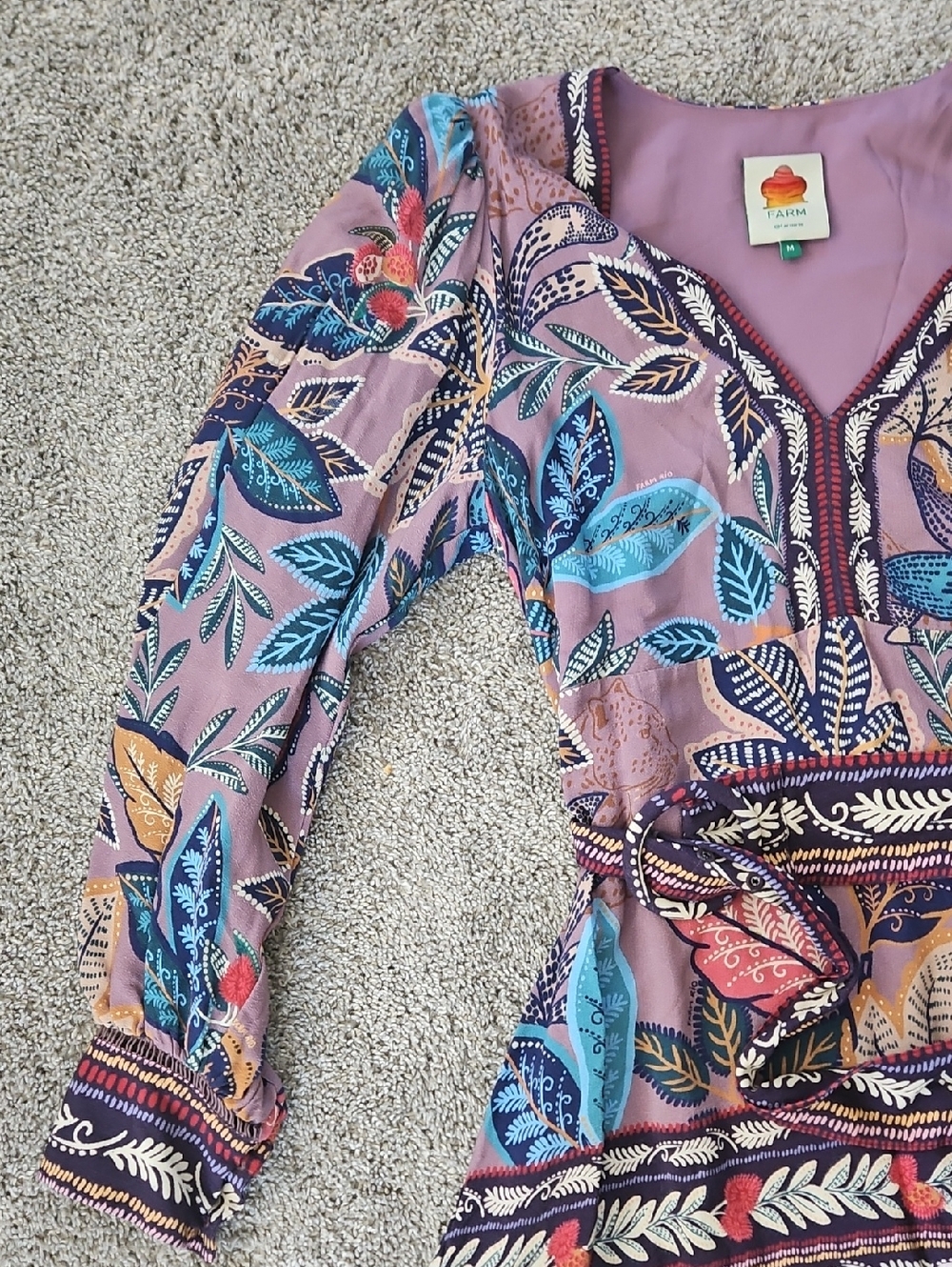 Farm Rio Purple Floral Boho Long Sleeve Mini Dress M - Picture 4 of 15